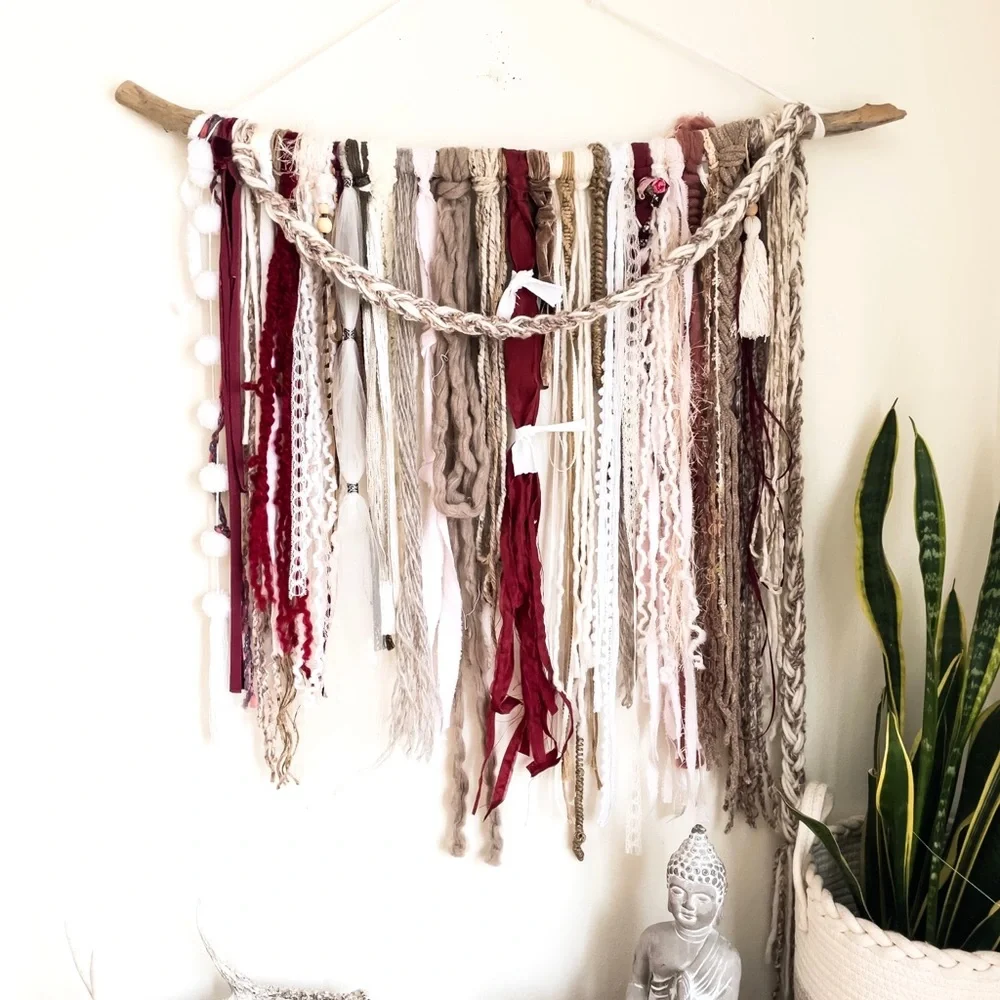Boho Fiber Art Wall Hanging Macrame Ecru Red Brown Handcrafted Mixed Media Decor - Picture 3 of 5
